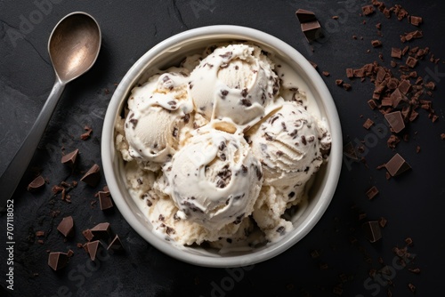 Flat lay of Italian stracciatella ice cream scoop with dark chocolate