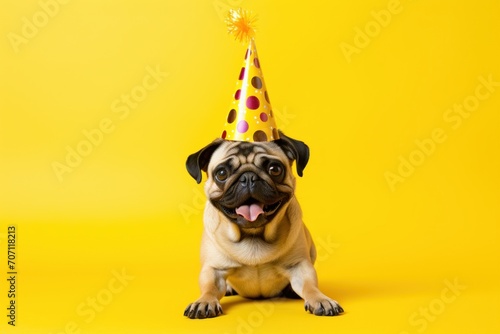 Pug dog with birthday cap on yellow background, cute puppy wearing party hat