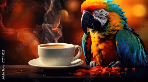 a cup of coffee and a parrot