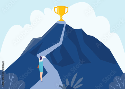 Woman looking at trophy on mountain peak, businesswoman aims for success. Achievement, goal setting and career aspiration vector illustration.