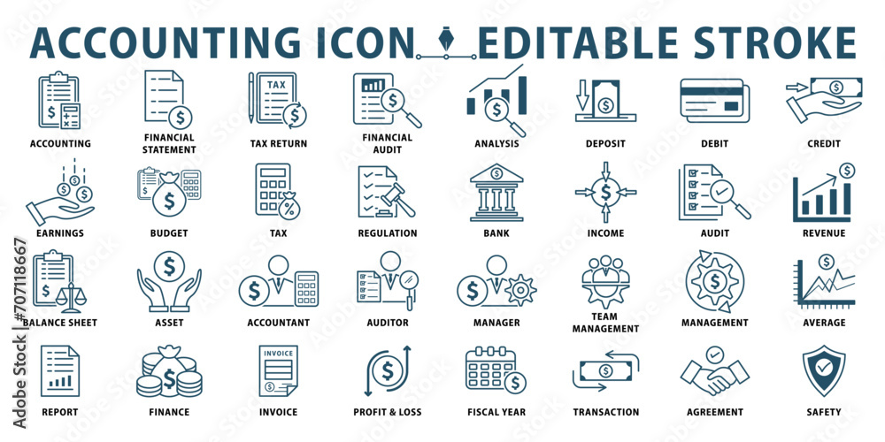 Accounting icon set. Containing , invoice, audit, financial statement, revenue and more . Editable stroke. Vector illustration.