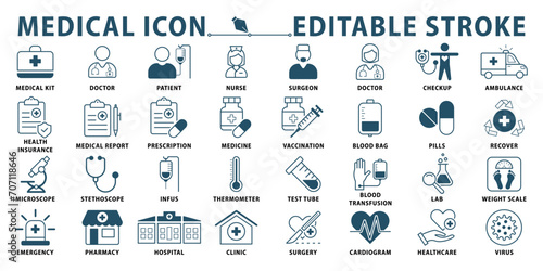 Medical icon set. Containing doctor, hospital, healthcare, medicine, treatment, clinic, nurse, pills and more. Editable stroke. Vector illustration. photo