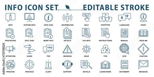 Information icon set. Containing icons instructions, guide, manual, an info center, rule, reference, help, privacy policy and more. Editable stroke. Vector illustration.