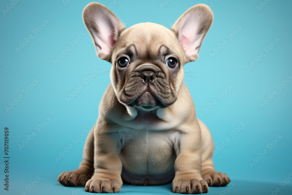 Puppy girl dog french bulldog sitting on a turquoise background, in the style of light navy and light gray, wimmelbilder, wildlife photography

