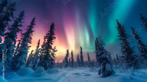 Majestic Aurora Borealis Over a Snowy Forest © Sariyono