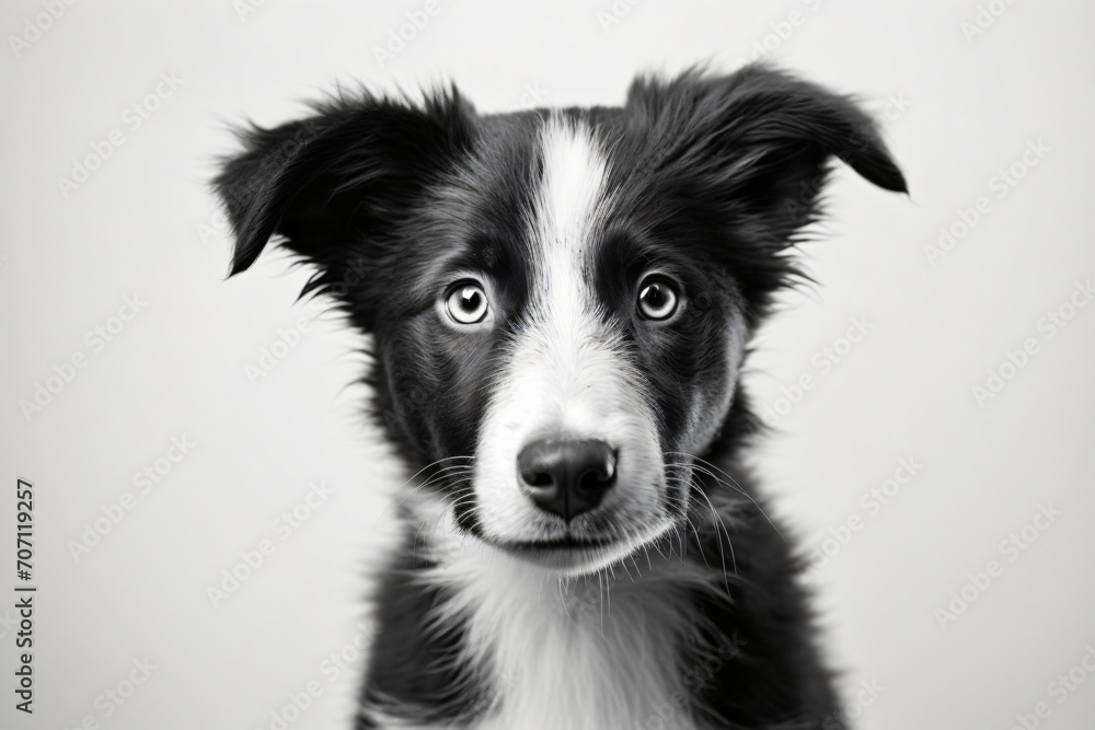 Border collie miniature puppy by patrick phtphotography, in the style of sheet film, white background, light gray and dark black, soft focus, textured canvas, selective focus, cute and colorful

 - obrazy, fototapety, plakaty 