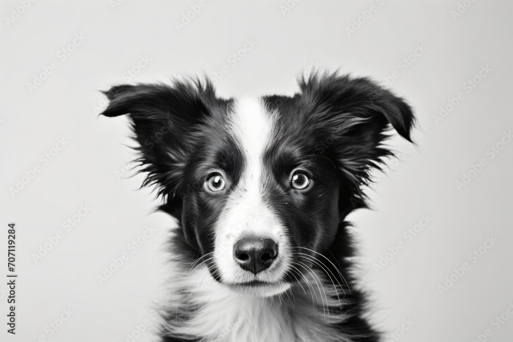 Border collie miniature puppy by patrick phtphotography, in the style of sheet film, white background, light gray and dark black, soft focus, textured canvas, selective focus, cute and colorful

