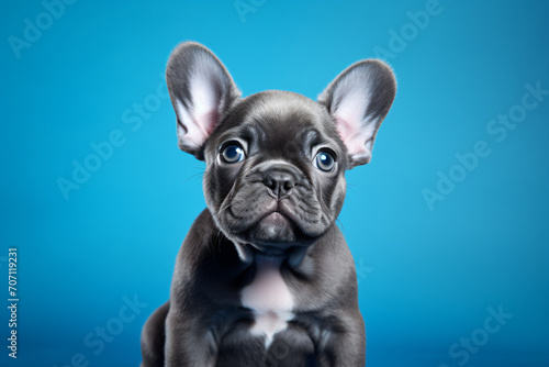 Puppy girl dog french bulldog sitting on a turquoise background, in the style of light navy and light gray, wimmelbilder, wildlife photography   © Possibility Pages