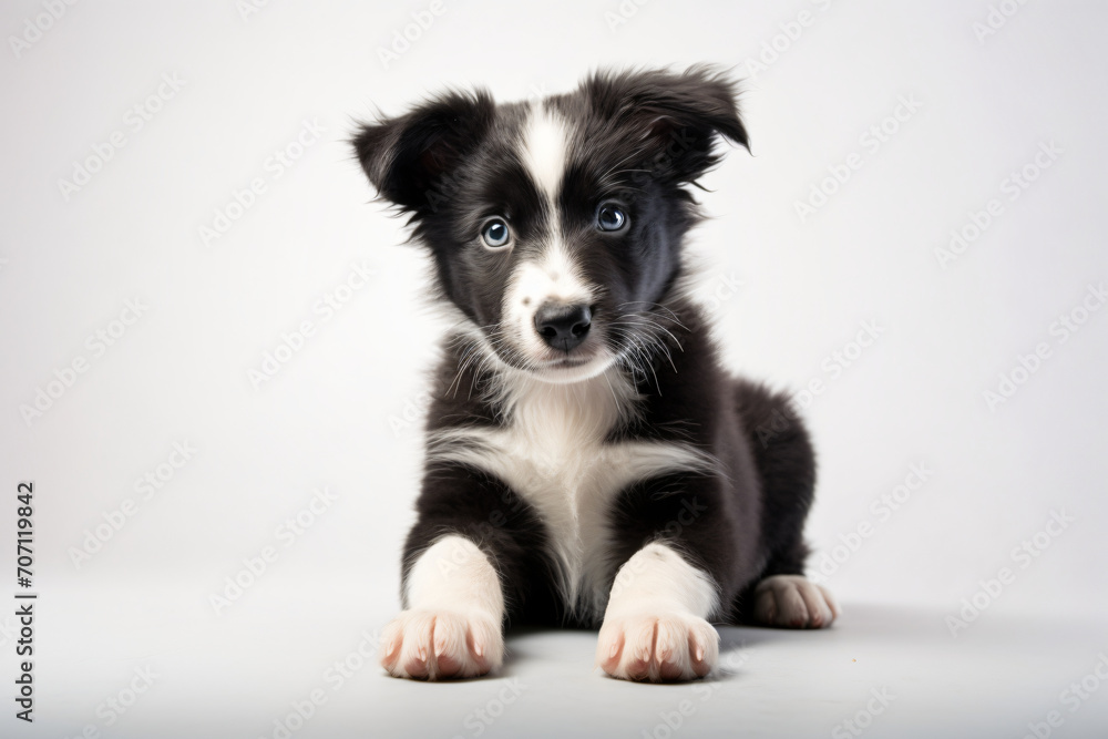 Border collie miniature puppy by patrick phtphotography, in the style of sheet film, white background, light gray and dark black, soft focus, textured canvas, selective focus, cute and colorful

