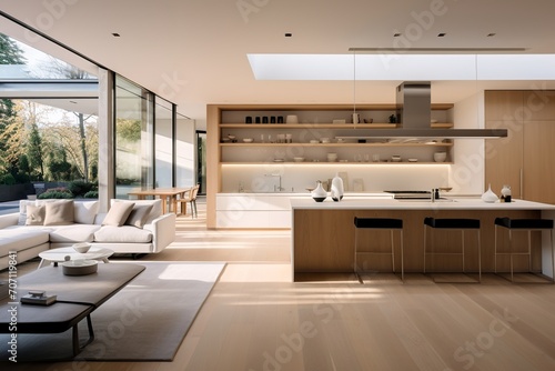 Step into a world of serenity with this minimalist kitchen featuring floor-to-ceiling windows that flood the space with abundant natural light © Silvana