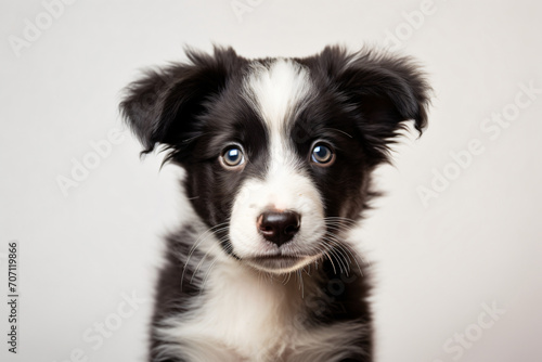 Border collie miniature puppy by patrick phtphotography, in the style of sheet film, white background, light gray and dark black, soft focus, textured canvas, selective focus, cute and colorful