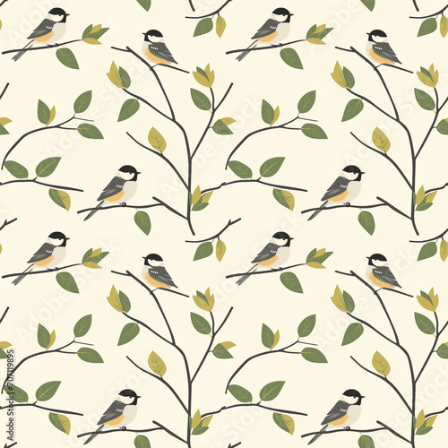 Chickadee on a branch seamless pattern. Can be used for gift wrapping, wallpaper, background