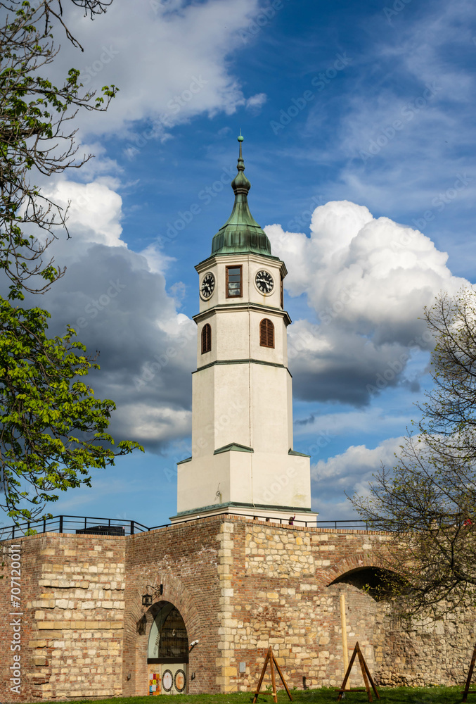 Sahat tower (sahat kula) and Sahat gate, Belgrade fortress, Serbia, cloudy sky background