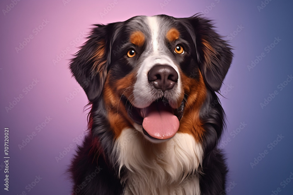Bernese mountain dog on purple photo, in the style of emotive composition, simple, colorful, portrait miniatures, light orange and light azure, photo taken with provia, wimmelbilder

