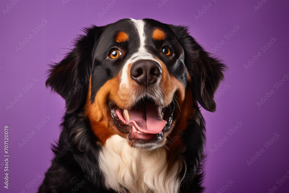 Bernese mountain dog on purple photo, in the style of emotive composition, simple, colorful, portrait miniatures, light orange and light azure, photo taken with provia, wimmelbilder

