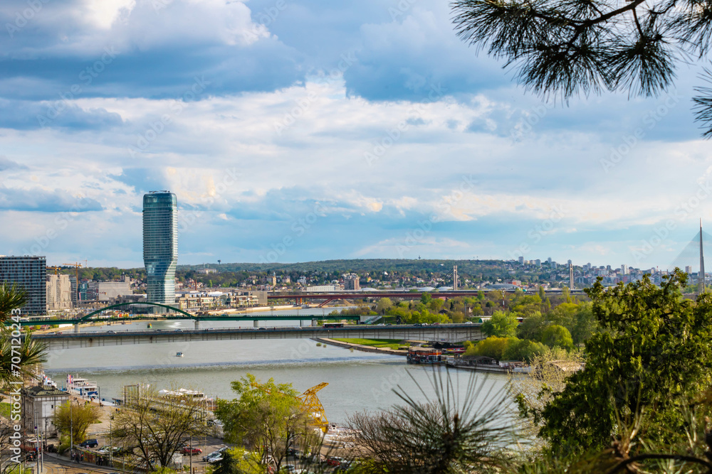Panoramic view from the Belgrade fortress of the Sava river, Belgrade waterfront and Belgrade bridges