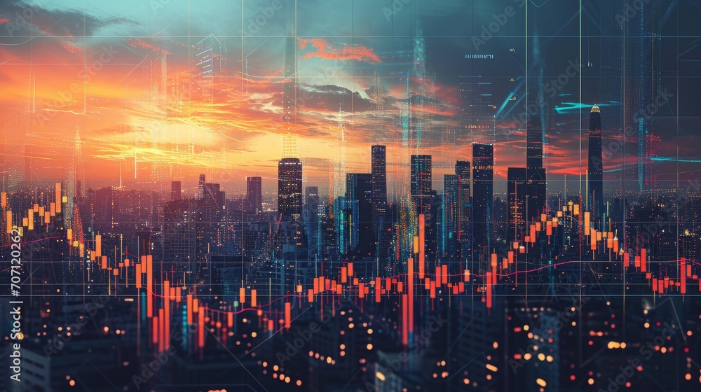 Futuristic City Skyline with Stock Market Data Overlay