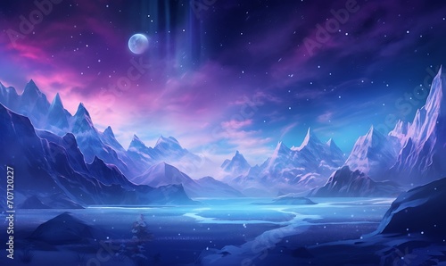 Light blue purple aurora in white snow, snow mountains, rivers, snowstorms, colorful stars twinkling, illusory engine, 4K HD, HD. Generative Ai