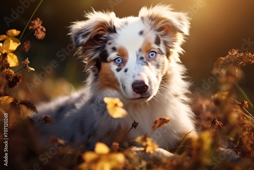 Australian shepherd puppies, in the style of soft-focus portraits, colorful and playful