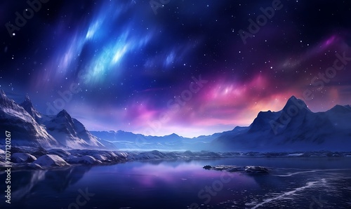 Light blue purple aurora in white snow, snow mountains, rivers, snowstorms, colorful stars twinkling, illusory engine, 4K HD, HD. Generative Ai