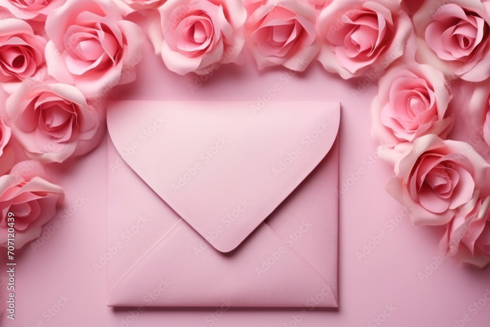 Pink envelope with roses flowers around on pink background. View from above. Gift card for newborn. Birthday. Valentines day card. Womans day. View from above Pink envelope with roses flowers around on pink background. View from above. Gift card for newborn. Birthday. Valentines day card. Womans day. View from above