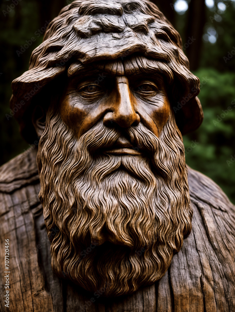 Wooden sculpture Old Druid, spirit of the place in a dark forest.