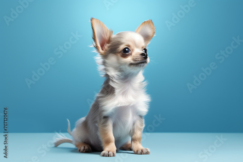 A small dog sitting on a blue background  in the style of light gray and azure  louis  photo-realistic hyperbole  light maroon and light azure  cute and colorful  konica big mini  uhd image  