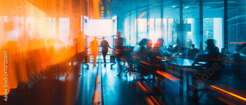 Creative Dynamic Business Banner with Business People Meeting at Table, Abstract Blurred Office Interior in Blue and Orange Tones. Ai generated