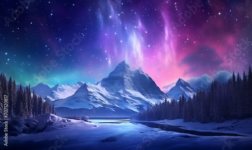 Light blue purple aurora in white snow, snow mountains, rivers, snowstorms, colorful stars twinkling, illusory engine, 4K HD, HD. Generative Ai

 photo