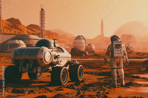 Futuristic Human Base on Mars. Mars rover and Spaceman with Cutting-Edge Design, Mars bases and a Rover next to a human dressed in space suit. Ai generated photo