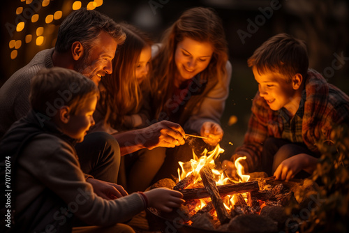 Embracing Warmth Around the Family Campfire. Family coming together, sharing stories and laughter around a cozy campfire. Ai generated