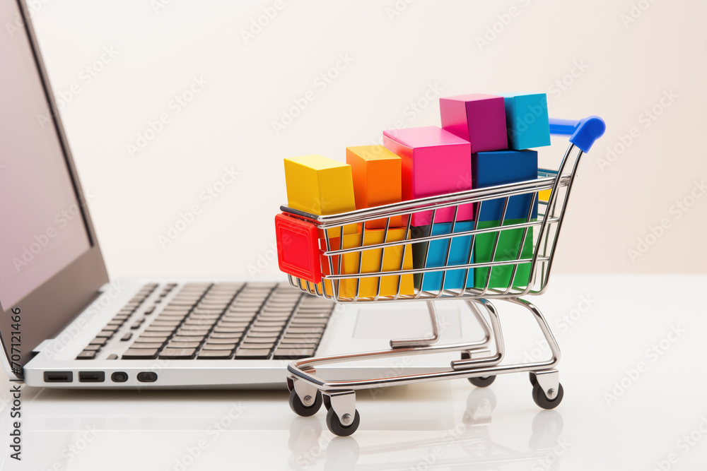 Shopping cart full of vibrant boxes standing in front of laptop, white background. Ai generated
