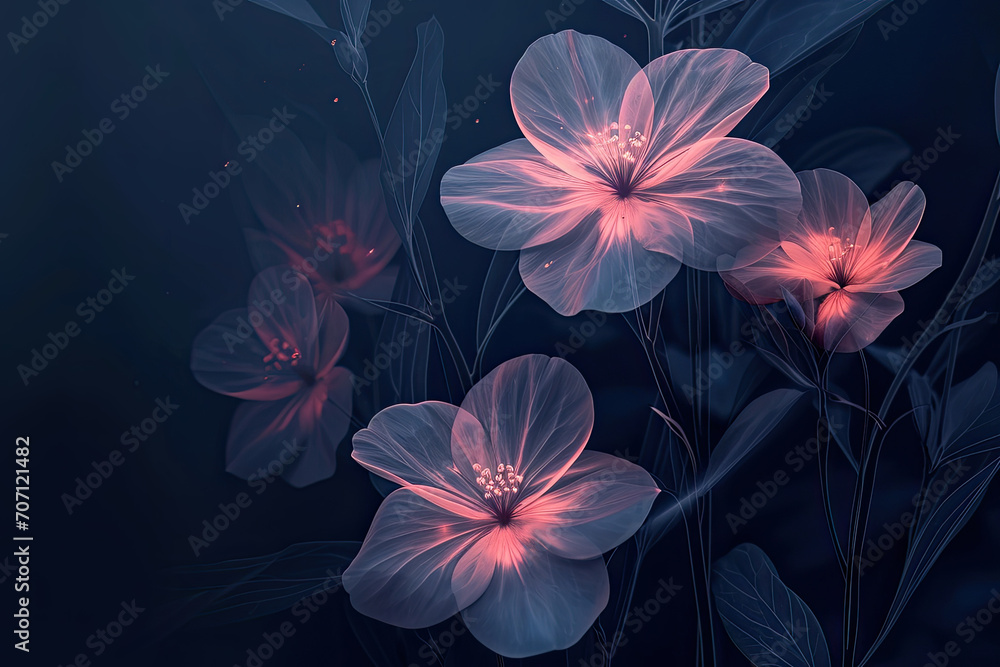 Isolated fantasy bioluminescent flowers glowing in the wild at night for wallpaper