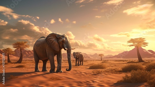 Two african elephants desert art nouveau style image Ai generated art