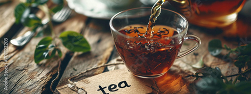 a cup of tea and a teapot with tea on a wooden background.drink. photo