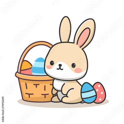 Cute bunny with eggs in basket, Easter Day Celebration. Poster or banner. Flat hand drawn vector illustration.