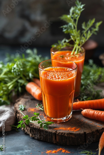 Fresh carrot juice in a glass on a wooden table.