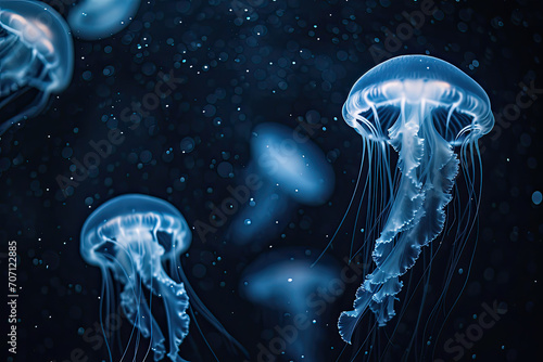 Isolated fantasy bioluminescent jellyfish in the sea