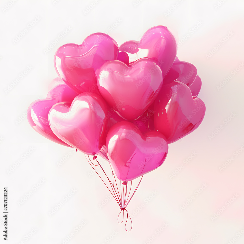 Pink heart shaped helium balloons on white background. Foil air balloons on pastel pink background. Valentine's Day or wedding party decoration
