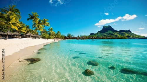 Sandy tropical beach with island on background © Svfotoroom
