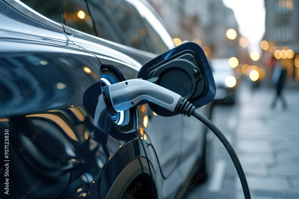 Modern elegant black electric car charging on street, close-up cable side view Modern elegant black electric car charging on street, close-up cable side view