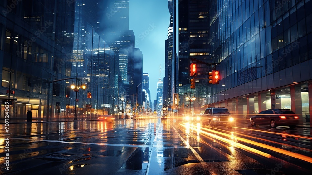 A vibrant urban street scene at night with blurred car lights and wet roads, showcasing the dynamic city atmosphere.