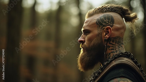 A tattooed man with a mohawk stands contemplatively in a forest, his tattoos merging with the wildness of nature around him.
