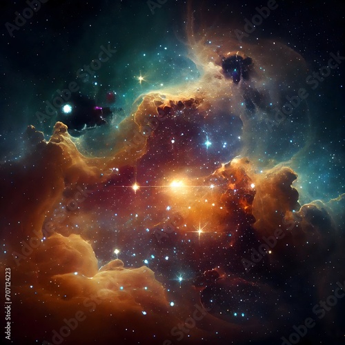 Colorful deep dark outer space with many tiny bright stars in the background some golden nebulas