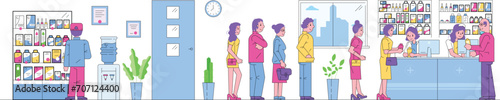 Customers queuing at pharmacy counter, pharmacists assisting, shelves with medications. Healthcare service, modern drugstore interior vector illustration.