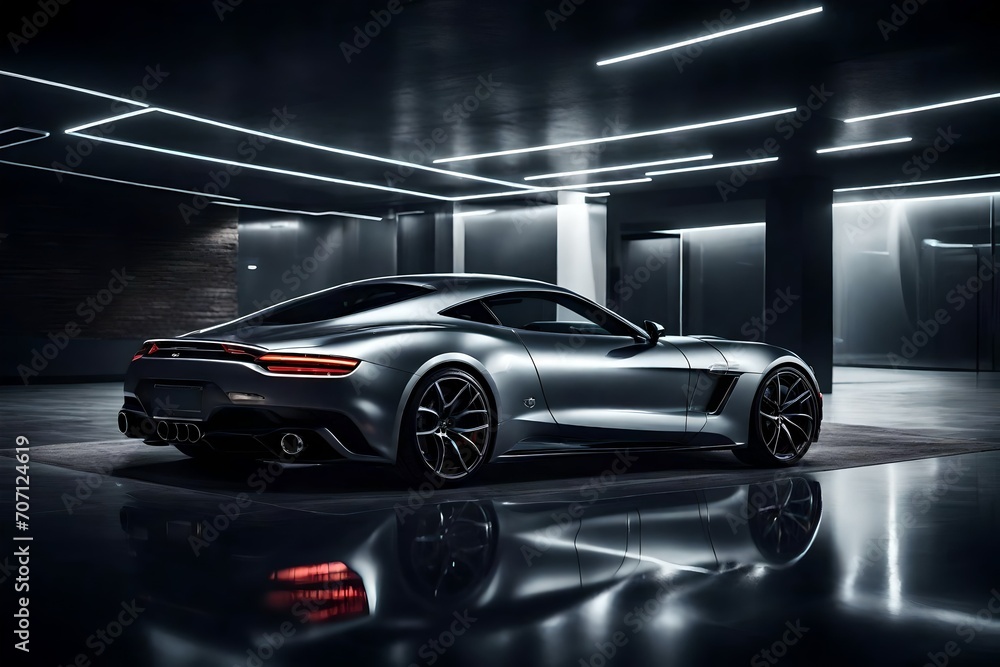 A luxury sports car parked in a sleek, modern showroom, with dramatic lighting highlighting its contours.