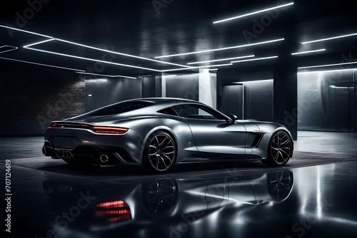 A luxury sports car parked in a sleek, modern showroom, with dramatic lighting highlighting its contours.