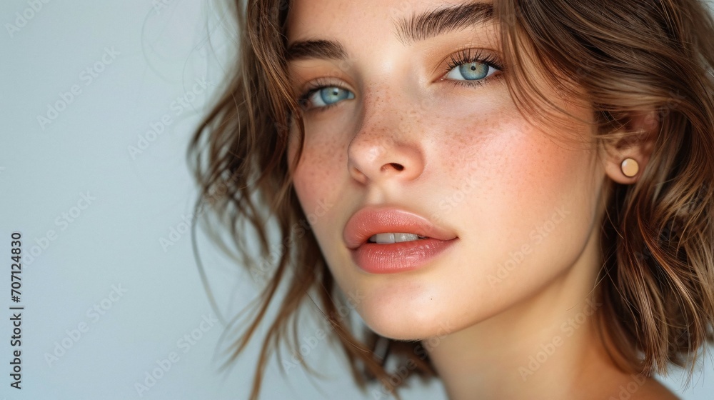 Obraz premium Stunning female portrait with a gold earring, chic bob hairstyle, and flawless makeup showcasing a gorgeous nose and full lips in a seductive side view.