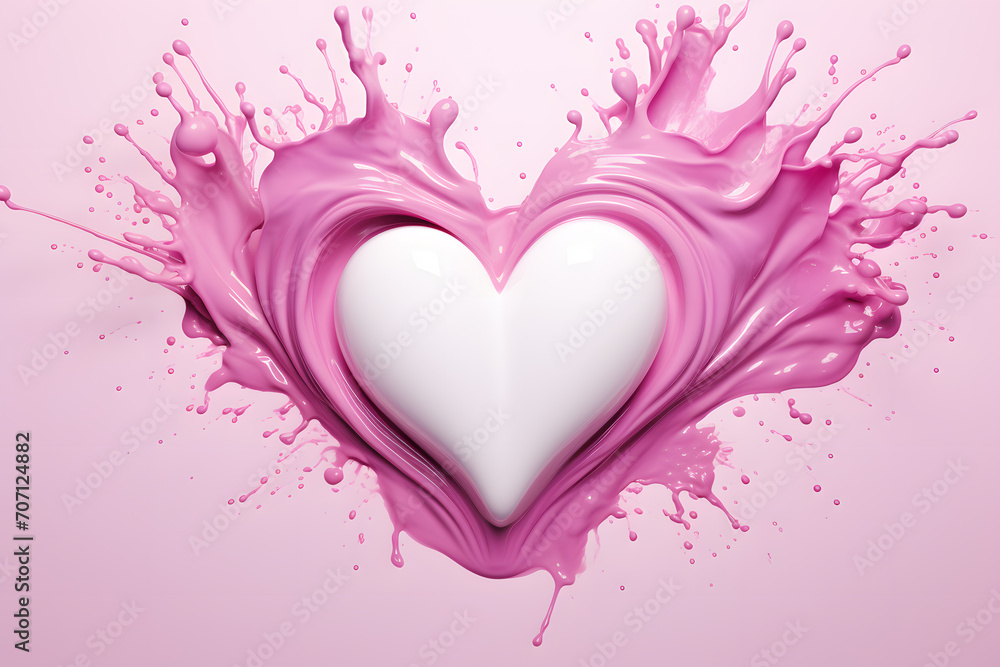 Heart falls into the pink liquid with splash. Romantic symbol for Valentines day.
