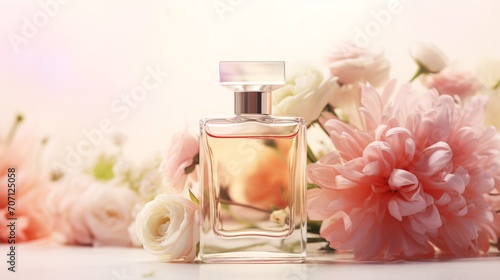 Perfume bottle display with floral accents on white backdrop.